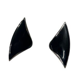 Vintage Trifari Black Enamel & Silver Tone Earrings 1.25 Inches Long
